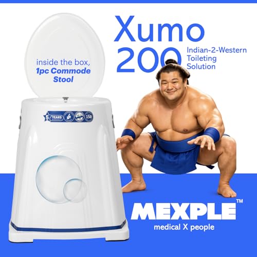 Image of MEXPLE Xumo200 Portable Indian to Western Toilet Converter Commode Chair (5 Years Warranty) | Portable Western Heavy Duty Toilet Seat for Elderly Handicap Users | Foldable Bathroom Chair - White