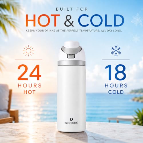 Image of Speedex Coral 500 Stainless Steel Vacuum Insulated Water Bottle 650ml | Thermosteel Flask | Hot 18Hr Cold 24Hr | Flip Straw Lid Sipper | Kids Boys Girls Men Women Office School Gym Travel | White