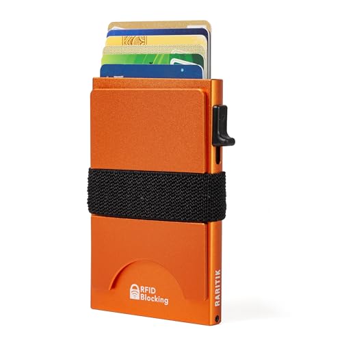 Image of Card Holder Wallets for Men | Slim Aluminum Wallet | RFID Blocking Minimalist Metal Pop Up Wallet | Money Clip & Cash Band | Expandable Compact Plate | Men's Accessories & Gifts for Men,Orange