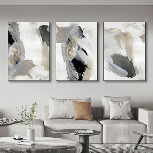 Affiches mur art abstrait effet pinceau KEBIA 3 pièces 80x110 cm toile peinture salon