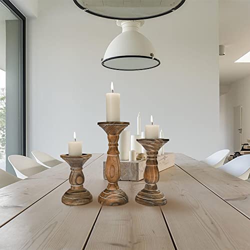 Yorkmills Pillar Candle Holder Set Of 3, Farmhouse Decor Living Room Tall Candle Holders For Pillar Candles, Wood Candle Holders For Table Centerpieces Brown Home Decor Kitchen Dining Room Table Decor #TOP4