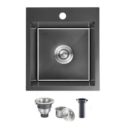 MENATT 15 x 17 Inch Drop in Kitchen Sink, 18 Gauge Stainless Steel Single Bowl Single Faucet Hole Kitchen Bar Sink or Prep Sink (Black)