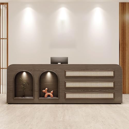 Modern Reception Desk with Storage Cabinet, Lockable Drawer, Double Tabletop – E1 Grade MDF Front Desk for Office, Salon, Retail & Reception Areas(Brown,L71 xW24 xH39)