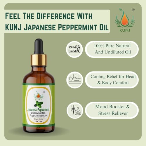 Image of KUNJ Japanese Peppermint Essential Oil 100ml - 100% Pure & Natural Undiluted Steam Distilled Oil for Hair Care, Scalp Massage, Aromatherapy, Diffuser, Skin Care & DIY Blends
