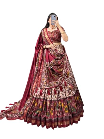 Multicolour Women's New Tussar Silk With Ikkat Print And Foil Print Lehenga choli Set-image-28
