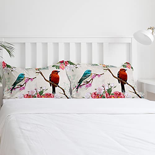 Partyshow 4 Piece Bed Sets Full, Colorful Bird Spring Floral Branches Splicing Bedroom Comforters Cover Bed Sheet With 2 Pc Pillowcases For Girls/Boys/Bedroom, Retro Letter Postage Stamp #TOP4