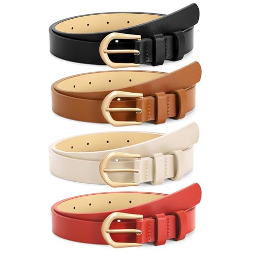 Image of VONMELLI 4 Pack Womens Thin Leather Belt Skinny Waist Belts for Women Fashion Jeans Dress with Gold Buckle