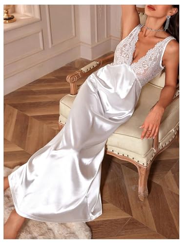 Image of WDIRARA Women's Satin Sleepwear Nightgown | Lace, Backless, Deep V Neck, Sleeveless, Long