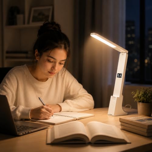 Image of One94Store SmartLite Foldable Desk Lamp - Built-in Digital Clock, Rechargeable LED Table Lamp with 1200mAh Battery,Touch Control Brightness, Lamp