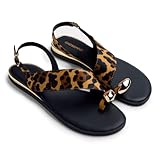 Gioseppo MAIRO - Sandalias Planas de Piel con Estampado de Leopardo para Mujer, Anillo con Joya y Cerco Metalizado en Acabado Oro, Cierre Ajustable en el Tobillo, Estampado Leopardo, Talla 35