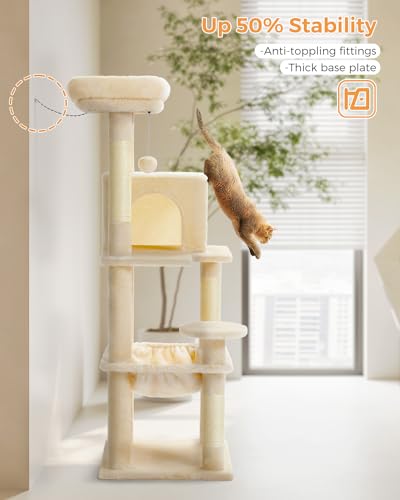 Image of MUTTROS Cat Tree for Large Cats Adult with Metal Plush Big Hammock, 56.3 inch Cat Tower with 2 Door Condo House, 6-Tier Cat Shelves with Scratching Posts and Large Top Perch, Beige