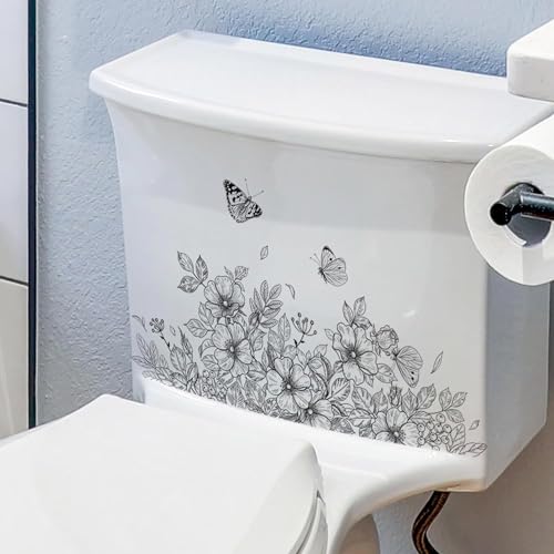 Aufkleber für WC-Sitz, Motiv: Pflanzenblätter, Blumen, selbstklebend, abnehmbar, wasserdicht, Aufkleber für Badezimmer, Spülkasten, Dekoration, WC-Deckel und Zubehör (35,6 x 15,2 cm)