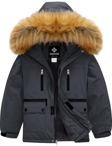 GEMYSE Boy's Winter Waterproof Ski Snow Jacket Hooded Fleece Windproof Jacket