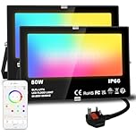 Lighting master LED Floodlight 80W Equivalent 8000LM, Smart RGB Flood Lights Outdoor with APP Control, Colour Changing + Warm White, Timing - Scene - Garden Lighting, IP66 Waterproof, UK Plug（2 Packs