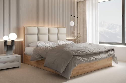 TRADA Boxspringbett 140x200 cm - mit Bettkasten und Taschenmatratze - Selva - Bett mit Topper - Boxspringbett mit Holzelemente - Beige