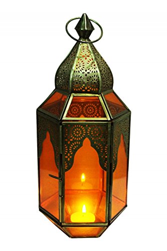 Orientalische Laterne aus Metall & Glas Haifana orange 32cm | orientalisches Windlicht | Marokkanische Glaslaterne für… – Bild 3