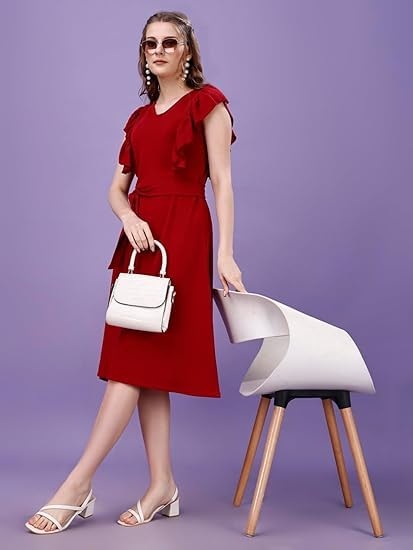 Image of Women's Striped Front Ruffle Trim Belted A-Line Midi Dress Maroon