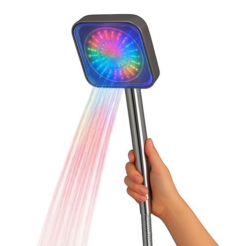 Soffione Doccia LED RGB 24 cm Quadrato | Cambio Colore con Temperatura | Acciaio Cromato | Luci LED Senza Batterie | Effetto Cromoterapia | Universale e Facile da Installare