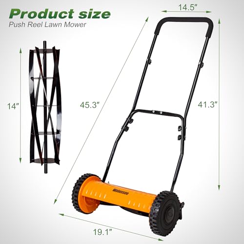 Image of Walensee 14-Inch Manual Lawn Mower, 5-Blade Push Reel, 4 Heights | Precision-Ground Alloy-Steel Blades Make Clean Scissor-Like Cuts, With Quiet Cordless Operation For Small Lawns