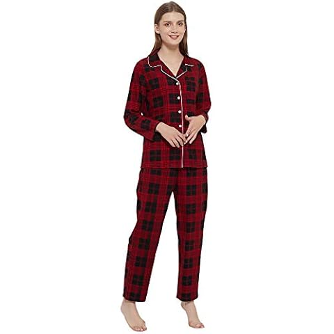 HEARTNICE Women Soft Pajama Set, Long Warm Flannel Pajamas Lightweight Cute Printed Pjs Set with Pockets(Red-Black Plaid, L) Cover