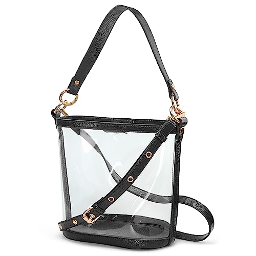 Women's Clear PVC Bucket Top Handle Crossbody Bag With Vegan Leather Trim Transparent Shoulder Handbag