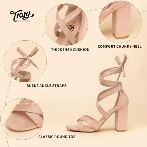 Trary Black Lace Up Pink Nude Heels: Women's Strappy Comfortable High Platform Sandals, Chunky 3 Inch3