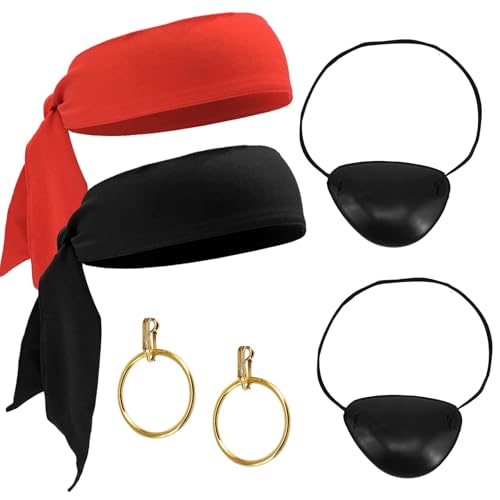 Pirate Costume Accessories Halloween Pirate Costume Set Including Captains Black Scarf Red Bandana Single Eye Patches Hoop Earrings Ideal for Men Women Kids Party Cosplay Costume 6Pcs