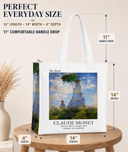 Image of Artsy Canvas Tote Bag for Women | Zipper Closure, Bottle Holder & Keychain Hook | Premium Cotton Canvas Bag for Travel, College, Office | Reusable Shopping Tote Bag Gift