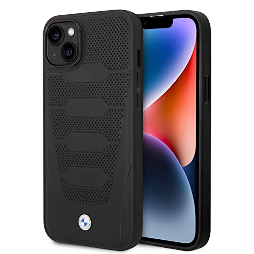 CG MOBILE BMW Signature Collection – Coque de téléphone pour iPhone 14 avec sièges perforés noirs, étui de protection en cuir véritable durable avec facile à clipser, absorption des chocs et logo