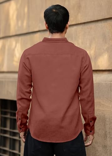 Image of Men's Cotton Casual Shirt, Long Sleeve Button Down, Mandarin Collar, Mustard Yellow, Brown, Rust Colours