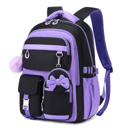 QIXIHU Girls' School Backpack for Ages 6-12, Water-Resistant with Bow Pouch and Pom-Pom
