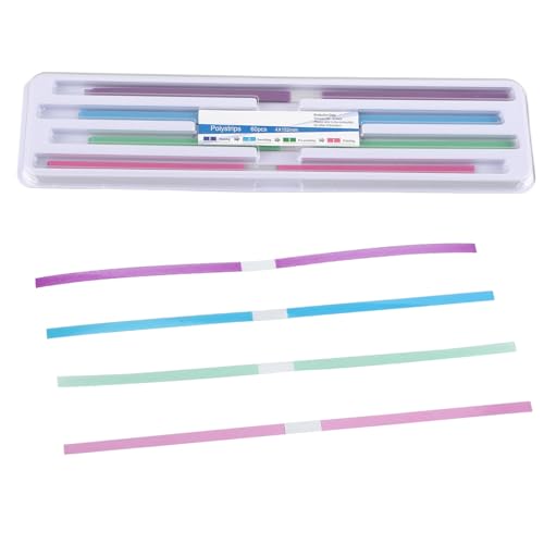 Uadme Zahn Schleifpapier, 60 Stück 4 x 150 mm Dental Schmirgelstreifen Interdental Schleifwerkzeug, Lila zum Formen, Blau zum Glätten, Grün zum Vorpolieren, Rosa zum Polieren