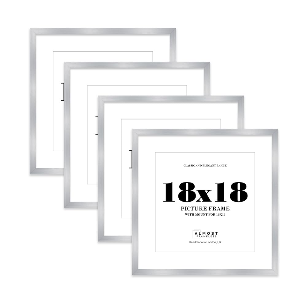 18x18 Silver Picture Frame with Mount for 16x16 Photos, Prints - Modern Square Wall Frame, Set of 4