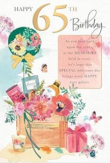 Moments in Time Female 65th Birthday Card from Words n Wishes - Birthday Hamper, Flowers & Balloon - Gold Foil Finish