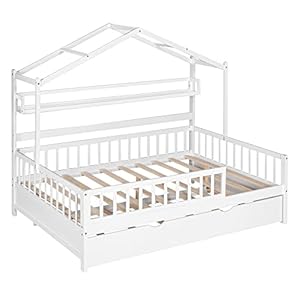   Bellemave-Full-Size-House-Bed-with-Trundle-and-Storage-Shelves-Kids-Montessori-Bed-with-Fence-Rails-Wood-Playhouse-Tent-Bed-Frame-for-Girls-Boys-White