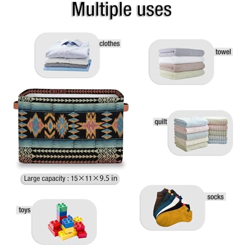 Image of Boho Style Brown Ethnic Painted Square Storage Basket, Fabric Storage Bin with Leather Handles Aztec Pattern Collapsible Storage Bin Nursery Hamper for Organizing Toys, Clothes, Books, Gift Baskets