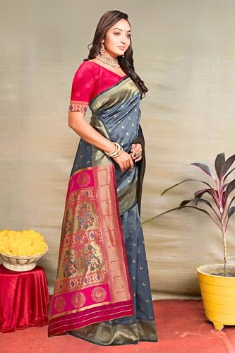 Image of C J Enterprise Women's Pure Kanjivaram Silk Saree Paithani Soft Wedding Sarees With Blouse Piece (Chand paithani)