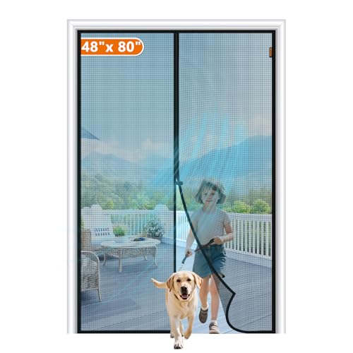 Image of MAGZO Screen Door Magnets 48 x 80, Durable Fiberglass Double Door Mesh with Full Frame Hook&Loop Fits Door Size up to 48 inchx80 inch Max-Black | 50 inch x 81 inch Heavy Duty Door Screen Magnetic Closure & Windproof Fastener, Pet Friendly Front Screen Door Mesh