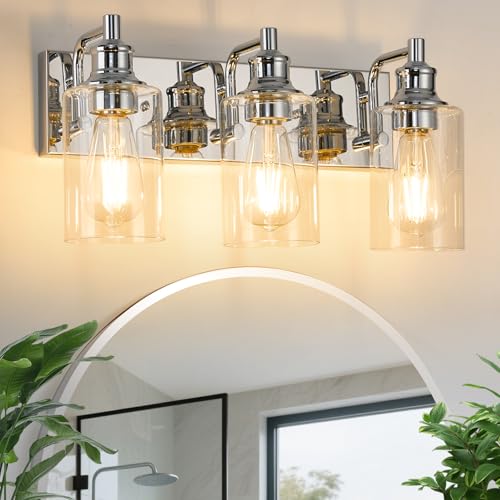 Image of 3-Light Bathroom Light Fixtures Modern Chrome Vanity Lights for Bathroom Lighting Fixtures Over Mirror for Cabinet Mirror Bedroom Hallway