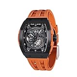 Tsar Bomba New Tonneau Men's Watch Skeleton Japanese Movement Luminous Chronograph Stainless Steel Case 50M Waterproof Fluorine Rubber Strap, Black - Orange, M (TB8210ABlack - Orange)