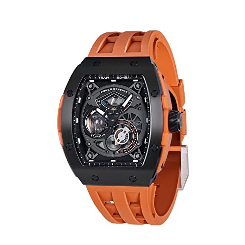 Tsar Bomba New Tonneau Men's Watch Skeleton Japanese Movement Luminous Chronograph Stainless Steel Case 50M Waterproof Fluorine Rubber Strap, Black - Orange, M (TB8210ABlack - Orange)