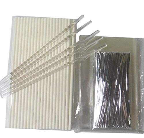 100pcs x (6" Lollipop Sticks + 3"x5" Bags + Silver Twist Ties + 5 free Clear sticks) for Cake Pops Lollipop Candy (Silver Ties)