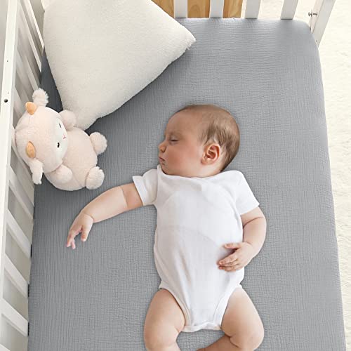 COTTONBEBE Muslin Crib Sheets,100% Organic Cotton Toddler Bed Sheet Soft Breathable, Fitted 52”x 28”x 9”Baby Cribs Mattress for Girl & Boy, Grey