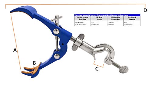 4 Prong, Cork Lined Clamp On Swivel Bosshead - 4.1" Max Clamp Opening, Bosshead Fits Up To 18Mm Rods - Zinc Alloy Clamp - Research, Industrial Laboratory Grade - Eisco Labs #TOP2