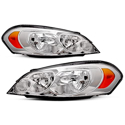 JSBOYAT Headlight Assembly Replacement for 06-13 Chevy Impala / 06-07 Chevy Monte Carlo / 14-16 Chevy Impala Limited Driver and Passenger Side (Chrome Housing with Amber Reflector)