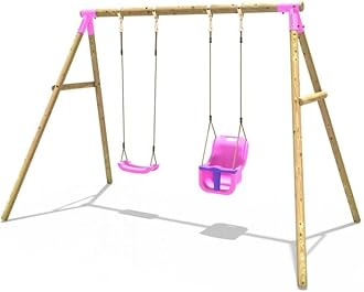 Children's Wooden Garden Swing Set - Luna Pink | OutdoorToys | Pressure Treated Timber, Soft Feel Ropes, Baby Swing Seat, Sturdy Construction for Kids