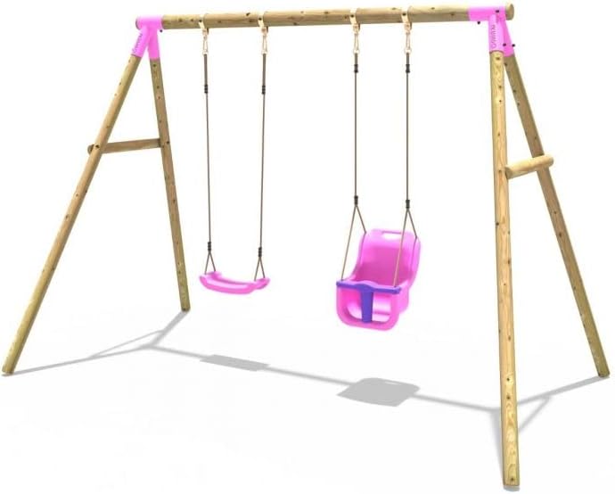 Rebo® Children's Wooden Garden Swing Set - Luna Pink | OutdoorToys | Pressure Treated Timber, Soft Feel Ropes, Baby Swing Seat, Sturdy Construction for Kids