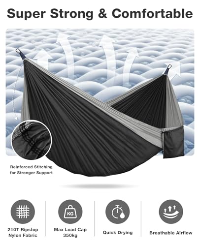 MOSFiATA Camping Hammock, Heavy Duty up to 700lbs with 2 Tree Straps and Attached Carry Bag Portable Hammock for Backpacking Hiking Durable Outdoors（Black Grey） — view 5