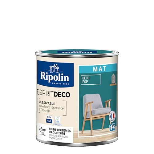 RIPOLIN - Peinture Intérieure Multi-Supports – Murs, Boiseries & Radiateurs – Ultra Couvrante – Lessivable – Application Facile – Ecolabel - Aspect Mat - 0,5L - Bleu Pop
