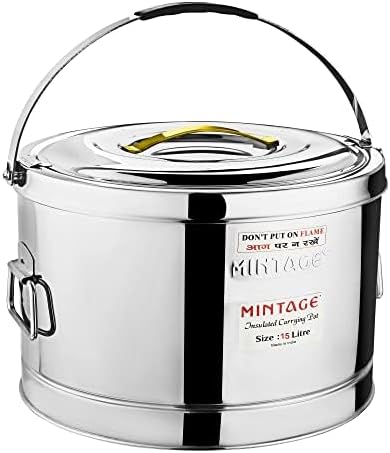 Mintage Stainless Steel Sambar Pot 15 Liters For Canteen & Hotel Casserole with side handle Roti | Rice | Biryani Box Puff Insulated Hot & Cold 12 HR picnic pot Container Casserole Thermal Serving Pot